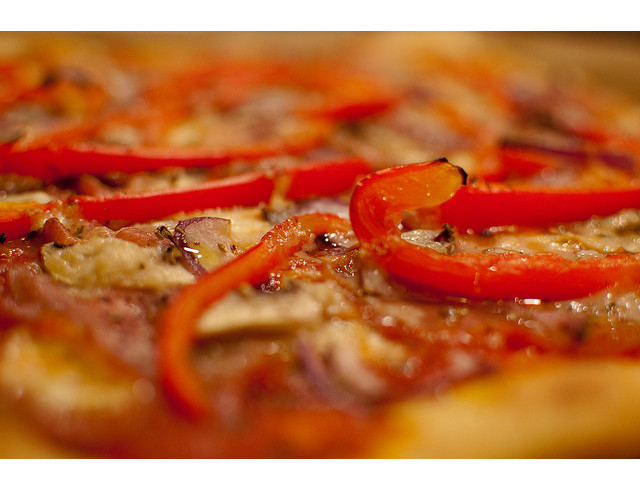 Yellow and red bell pepper pizza